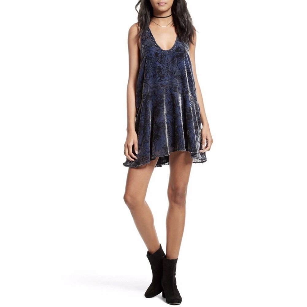 Free People Ellie Velvet Burnout Mini Dress Tank Studded Blue Swirl Goth Boho S